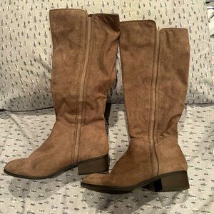 Brown mid calf high heeled boots